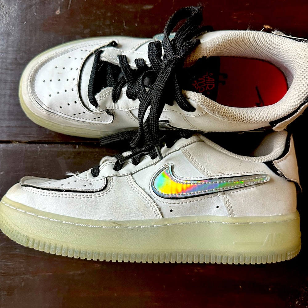 White Sneakers with Holographic Swoosh